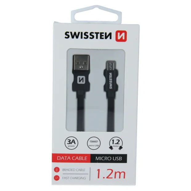 Cablu de date Swissten textil USB / Micro USB 1,2 m Negru