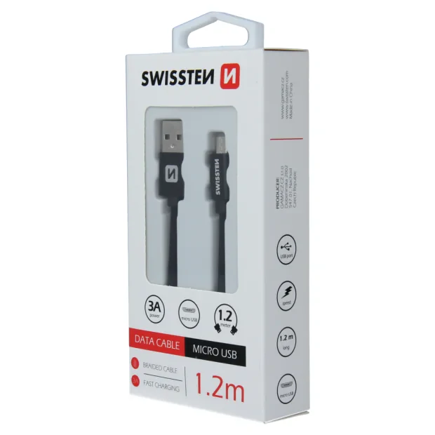 Cablu de date Swissten textil USB / Micro USB 1,2 m Negru