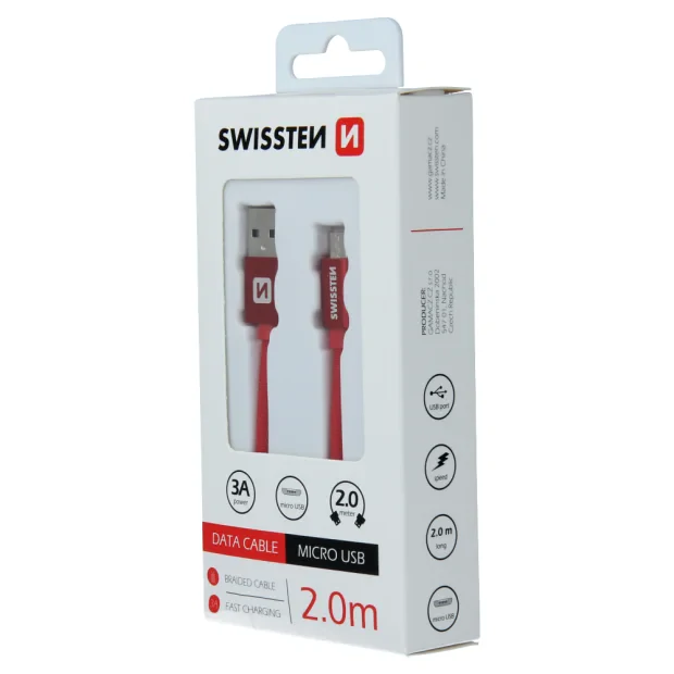 Cablu de date Swissten textil USB / Micro USB 2,0 m Rosu