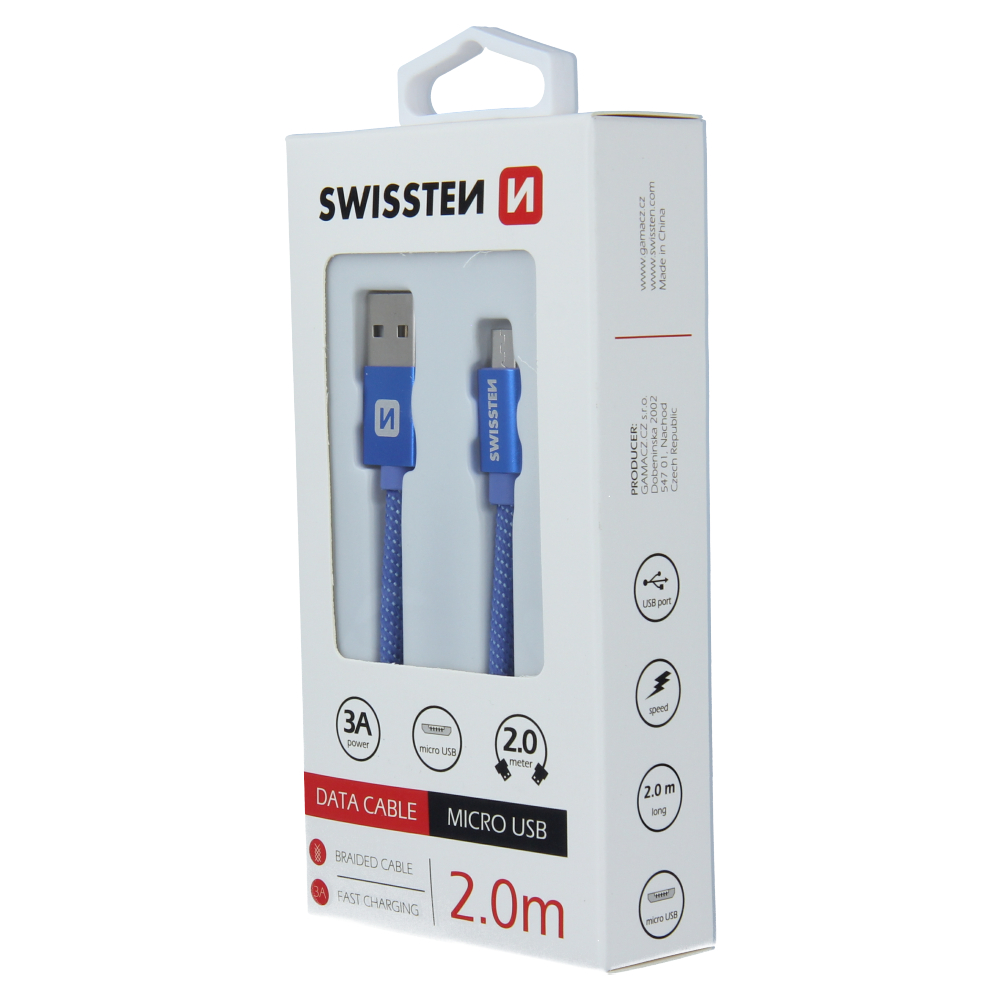 Cablu de date Swissten textil Micro USB 2,0 m albastru thumb