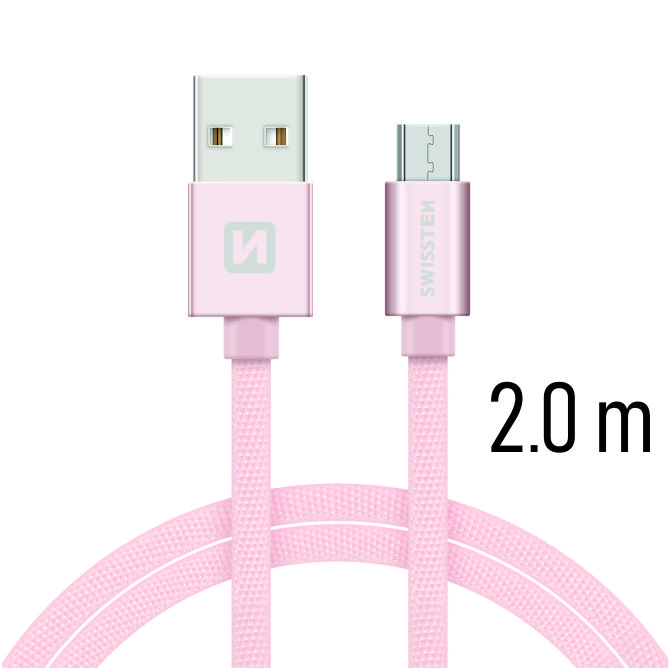 Cablu de date Swissten textil Micro USB 2,0 m ROZ / Auriu thumb