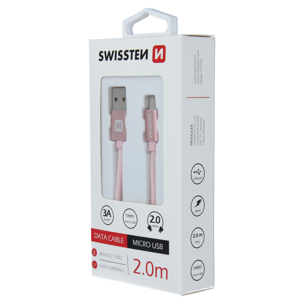 Cablu de date Swissten textil Micro USB 2,0 m ROZ / Auriu thumb