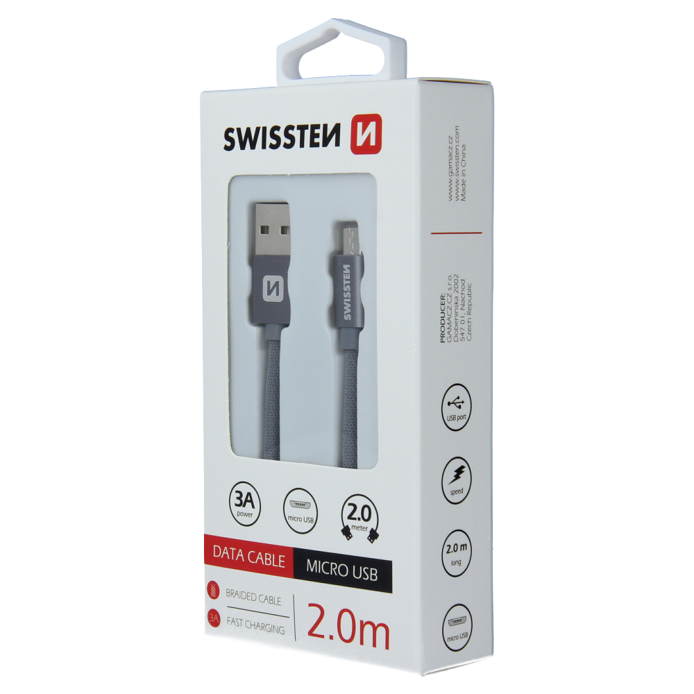 Cablu de date Swissten textil Micro USB 2,0 m gri thumb