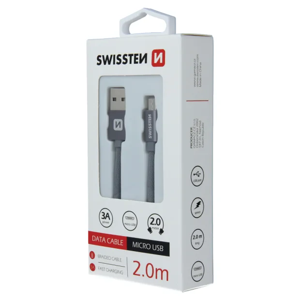 Cablu de date Swissten textil Micro USB 2,0 m gri