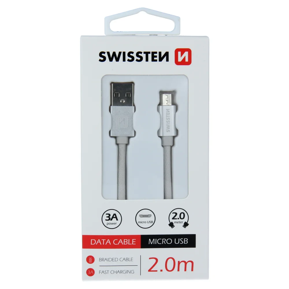 Cablu de date Swissten textil USB / Micro USB 2,0 m Argintiu