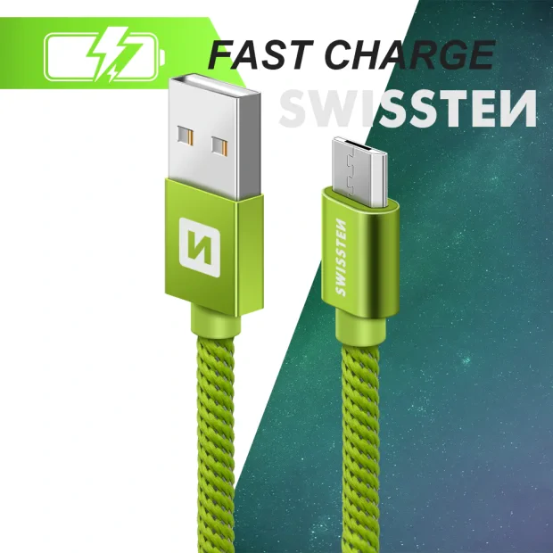 Cablu de date Swissten textil USB / Micro USB 2,0 m verde