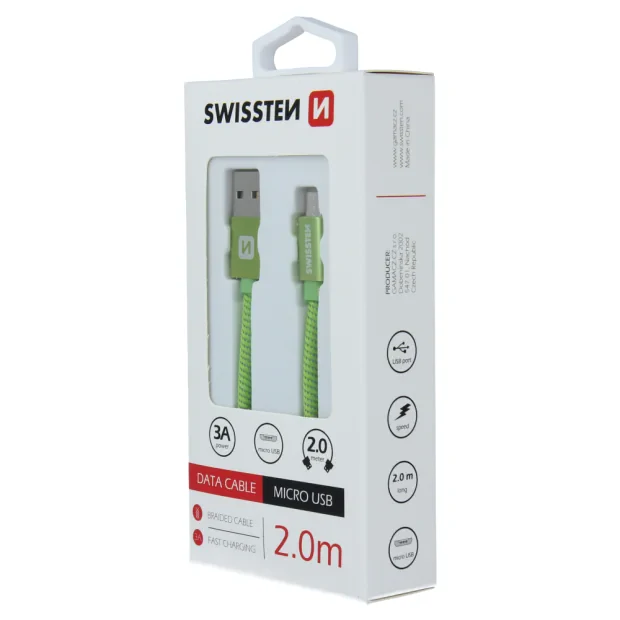 Cablu de date Swissten textil USB / Micro USB 2,0 m verde