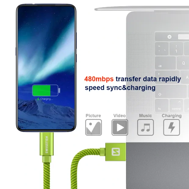Cablu de date Swissten textil USB / Micro USB 2,0 m verde