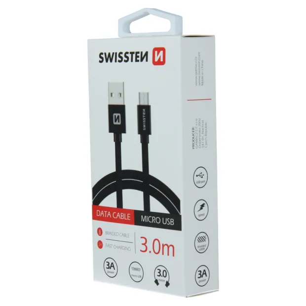 Cablu de date Swissten textil USB / Micro USB 3,0 M Negru