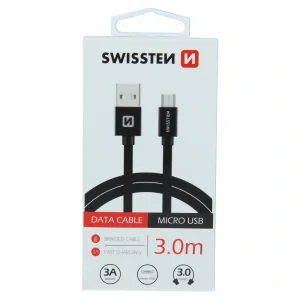 Cablu de date Swissten textil USB / Micro USB 3,0 M Negru
