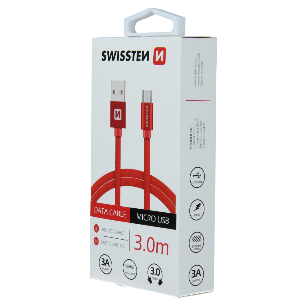 Cablu de date Swissten textil USB / Micro USB 3,0 m Rosu thumb