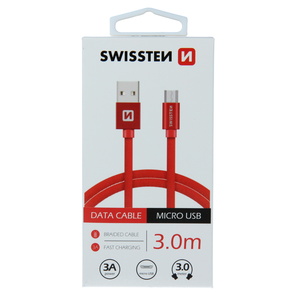 Cablu de date Swissten textil USB / Micro USB 3,0 m Rosu thumb