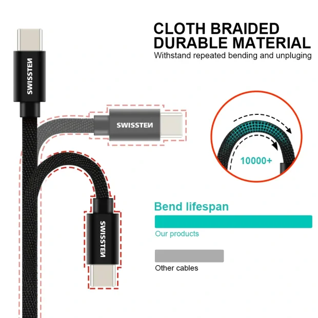 Cablu de date Swissten textil USB / USB-C 0,2 M Negru