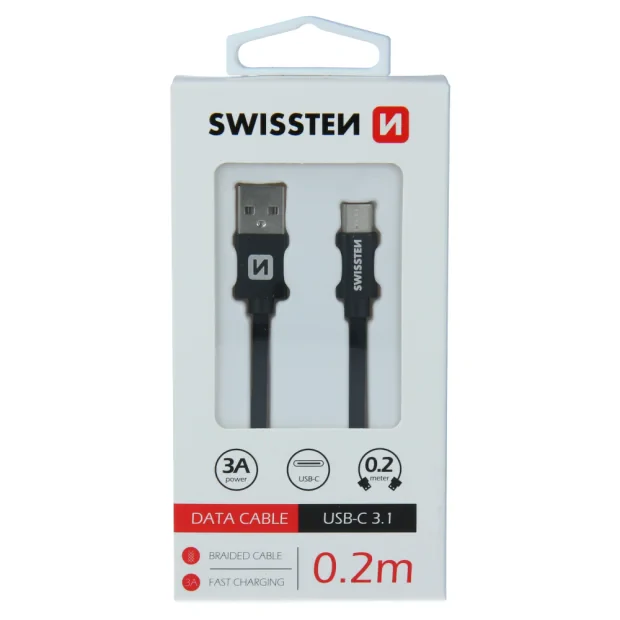 Cablu de date Swissten textil USB / USB-C 0,2 M Negru