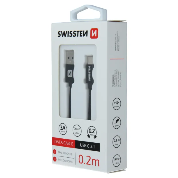 Cablu de date Swissten textil USB / USB-C 0,2 M Negru