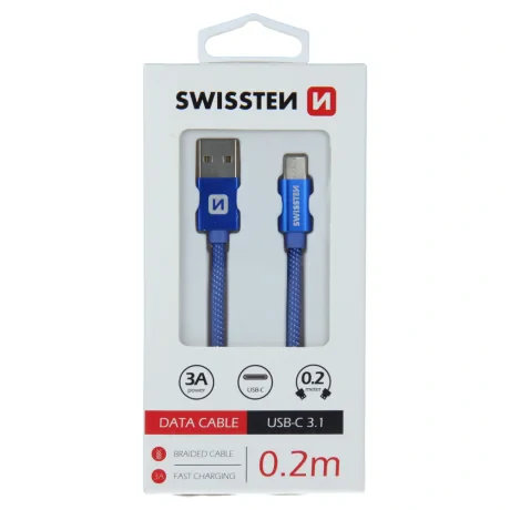 Cablu de date Swissten textil USB / USB-C 0,2 m albastru