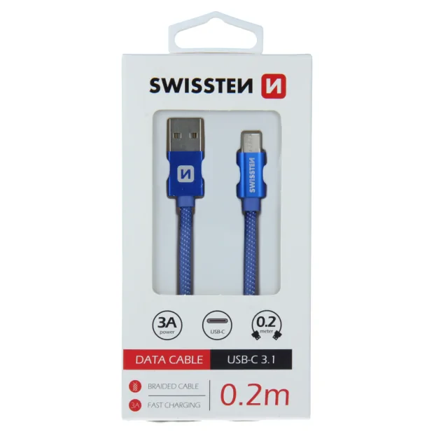 Cablu de date Swissten textil USB / USB-C 0,2 m albastru