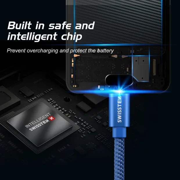 Cablu de date Swissten textil USB / USB-C 0,2 m albastru
