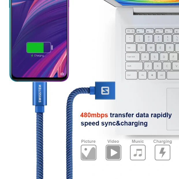 Cablu de date Swissten textil USB / USB-C 0,2 m albastru