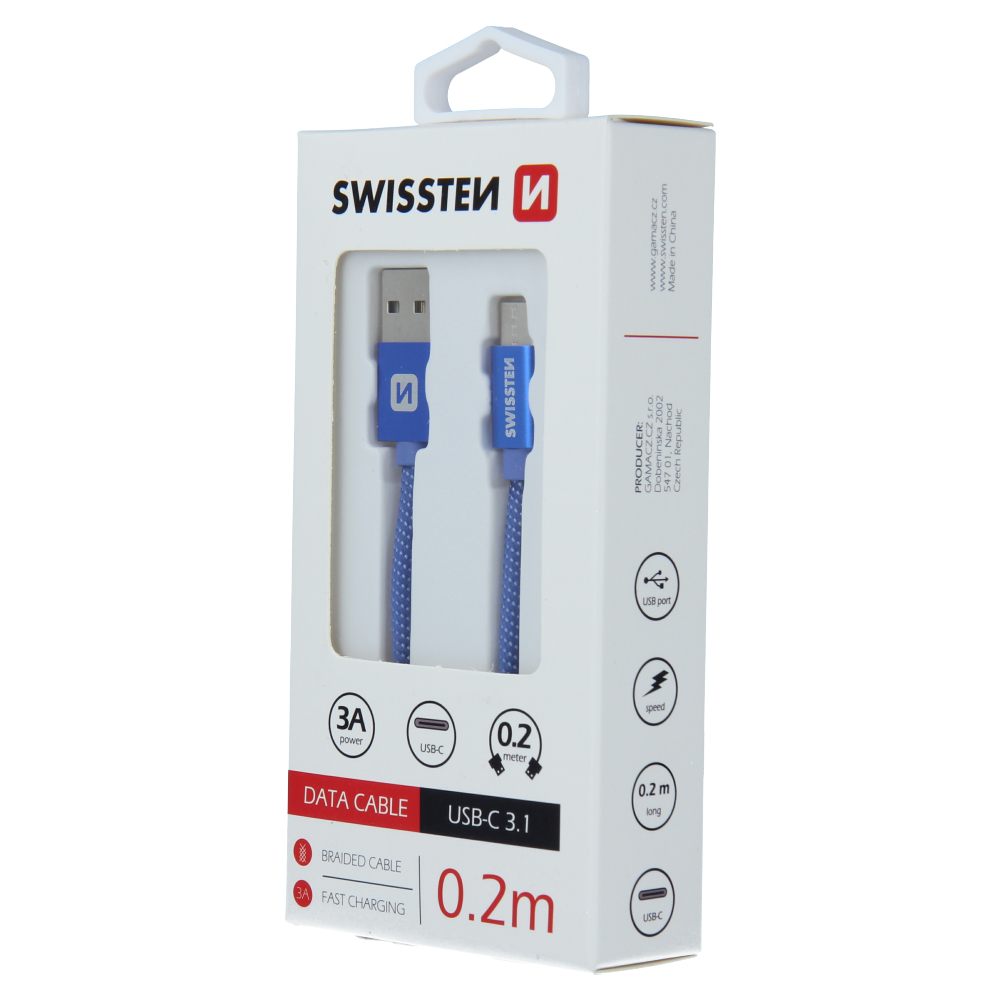 Cablu de date Swissten textil USB / USB-C 0,2 m albastru thumb