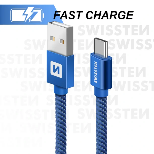 Cablu de date Swissten textil USB / USB-C 0,2 m albastru