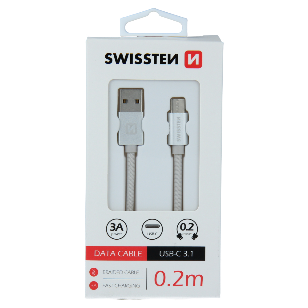 Cablu de date Swissten textil USB / USB-C 0,2 m Argintiu thumb