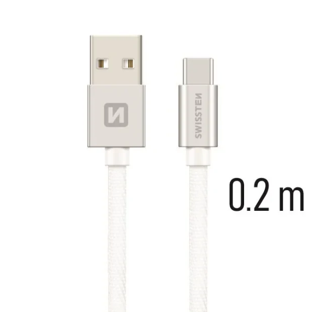 Cablu de date Swissten textil USB / USB-C 0,2 m Argintiu