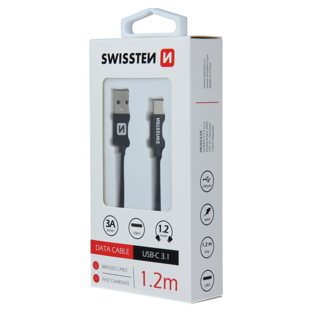 Cablu de date Swissten textil USB / USB-C 1,2 m Negru thumb