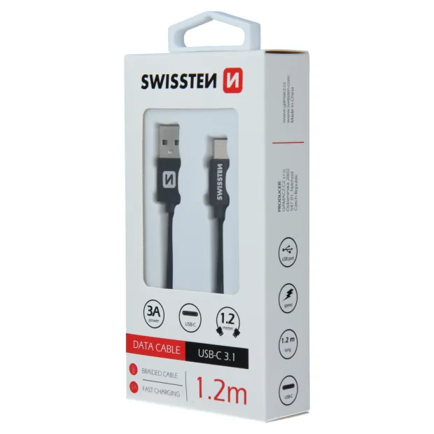 Cablu de date Swissten textil USB / USB-C 1,2 m Negru