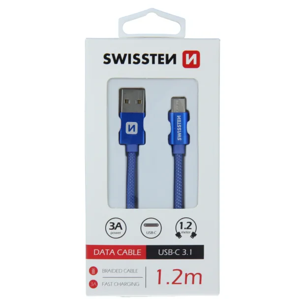 Cablu de date Swissten textil USB / USB-C 1,2 m albastru