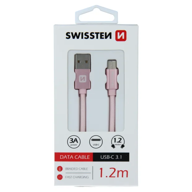 Cablu de date Swissten textil USB / USB-C 1,2 m ROZ / Auriu