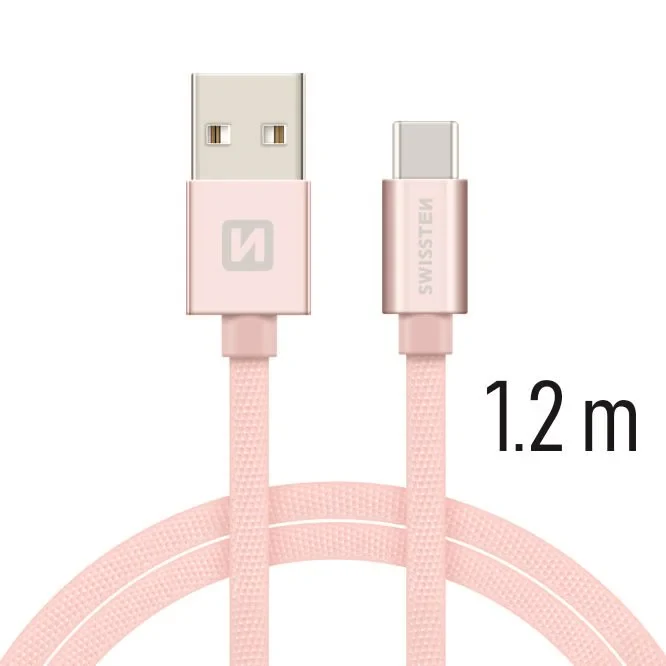 Cablu de date Swissten textil USB / USB-C 1,2 m ROZ / Auriu
