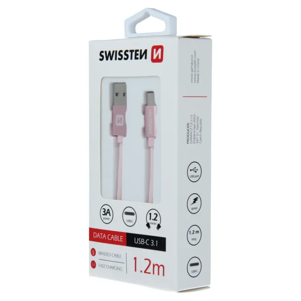 Cablu de date Swissten textil USB / USB-C 1,2 m ROZ / Auriu