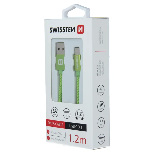 Cablu de date Swissten textil USB / USB-C 1,2 m verde