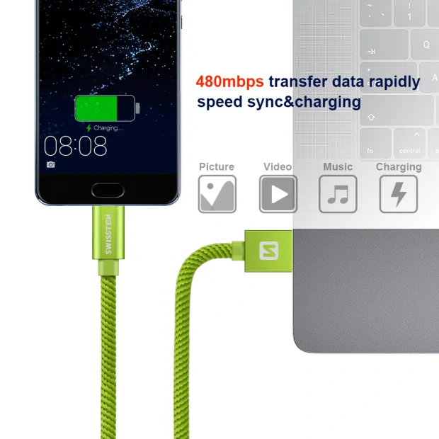 Cablu de date Swissten textil USB / USB-C 1,2 m verde