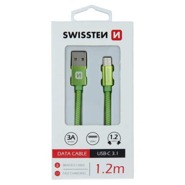 Cablu de date Swissten textil USB / USB-C 1,2 m verde