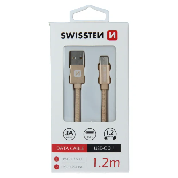 Cablu de date Swissten textil USB / USB-C 1,2 m Auriu