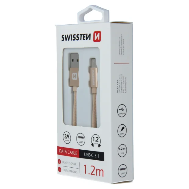 Cablu de date Swissten textil USB / USB-C 1,2 m Auriu