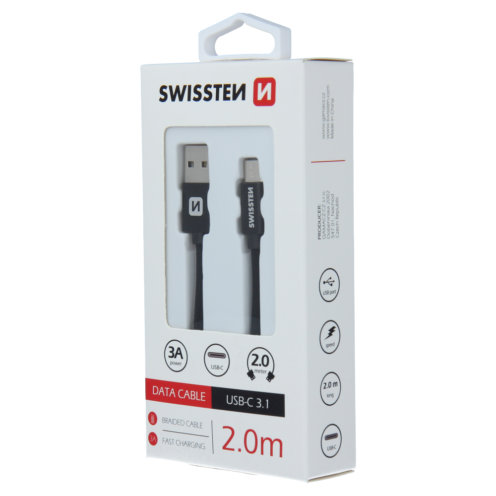 Cablu de date Swissten textil USB / USB-C 2,0 m Negru thumb