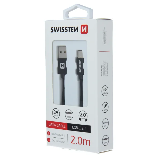 Cablu de date Swissten textil USB / USB-C 2,0 m Negru