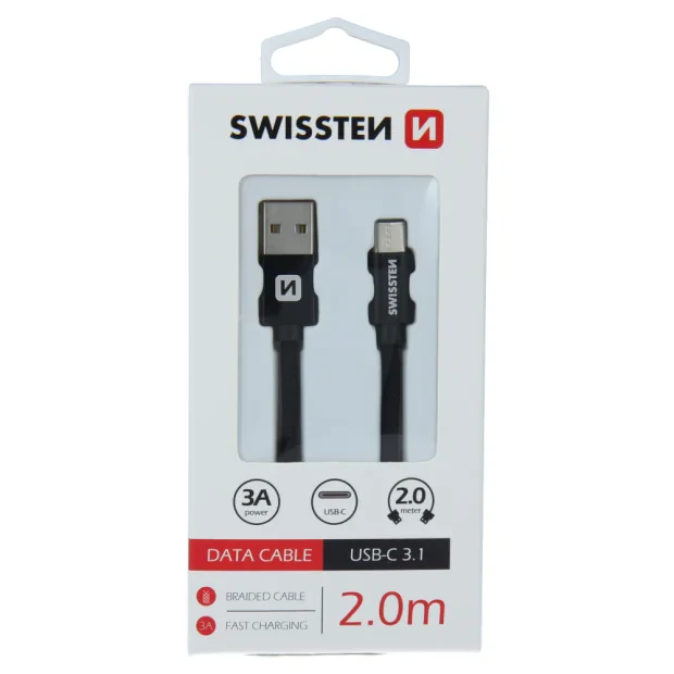 Cablu de date Swissten textil USB / USB-C 2,0 m Negru