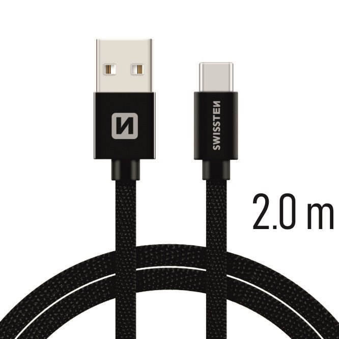 Cablu de date Swissten textil USB / USB-C 2,0 m Negru thumb