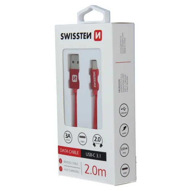 Cablu de date Swissten textil USB / USB-C 2,0 m Rosu