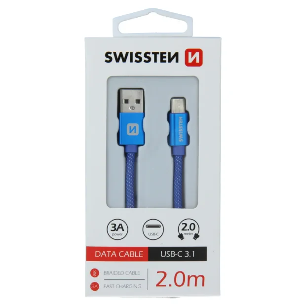 Cablu de date Swissten textil USB / USB-C 2,0 m albastru