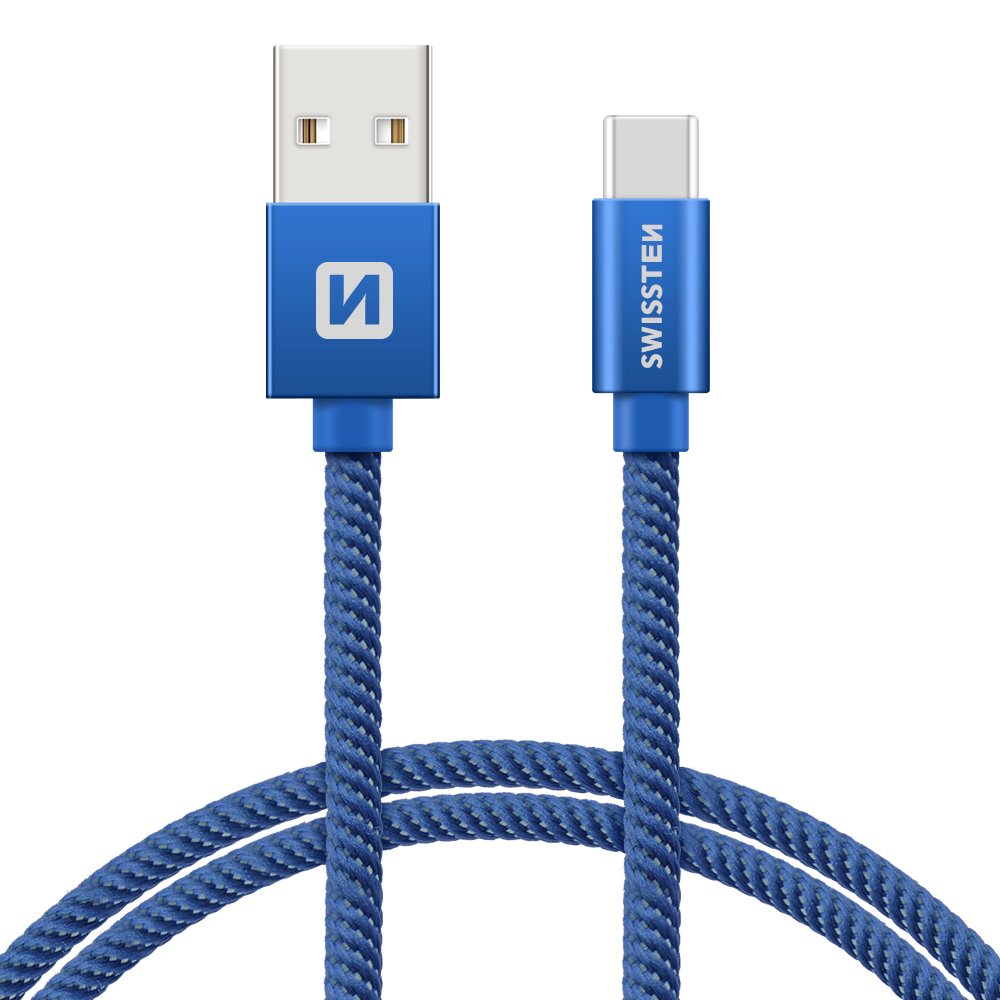 Cablu de date Swissten textil USB / USB-C 2,0 m albastru thumb