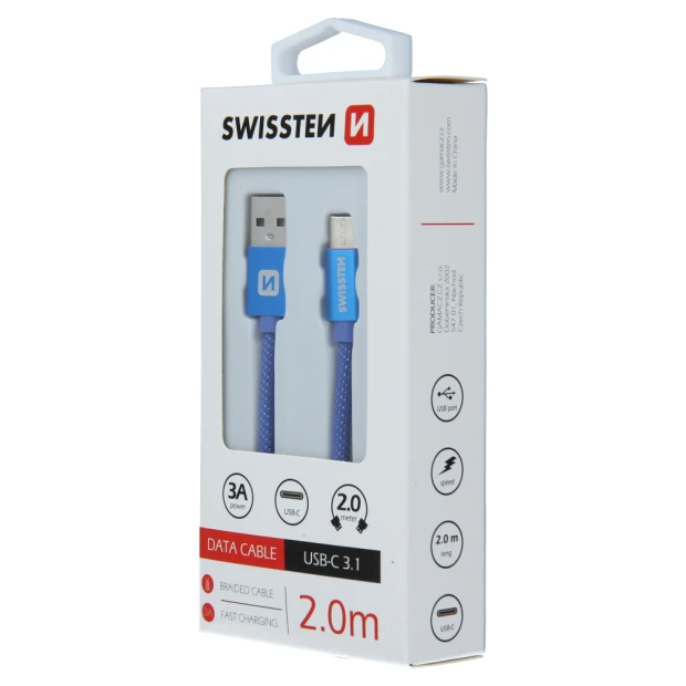 Cablu de date Swissten textil USB / USB-C 2,0 m albastru