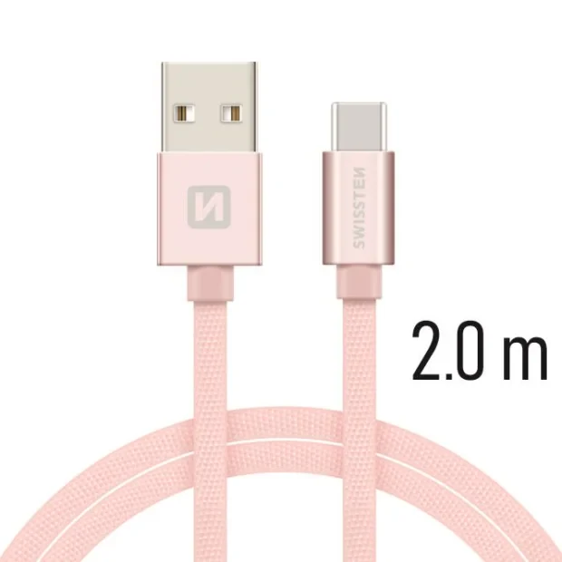 Cablu de date Swissten textil USB / USB-C 2,0 m ROZ / Auriu