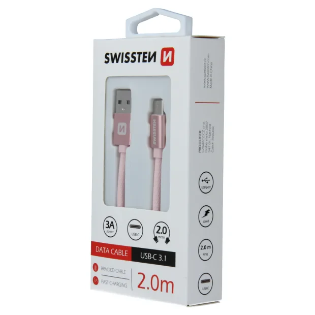 Cablu de date Swissten textil USB / USB-C 2,0 m ROZ / Auriu