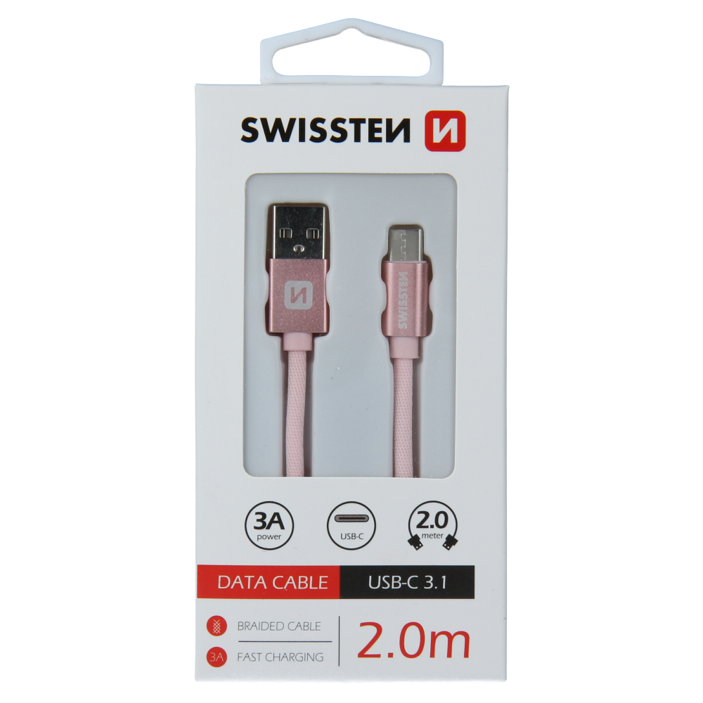 Cablu de date Swissten textil USB / USB-C 2,0 m ROZ / Auriu thumb