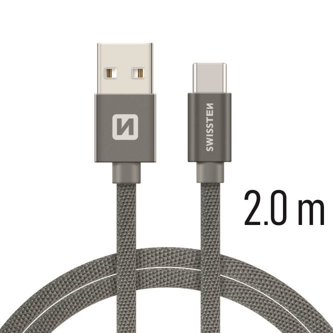 Cablu de date Swissten textil textil USB / USB-C 2,0 m gri thumb